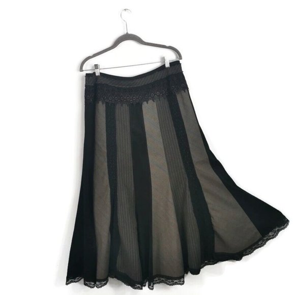 per una Dresses & Skirts - PER UNA M&S Long Flared Panelled Heavy Skirt Black Grey Lace Trim UK 16 Boho